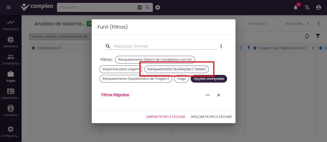 Selecionando Ranqueamento (Avaliações / Testes)
