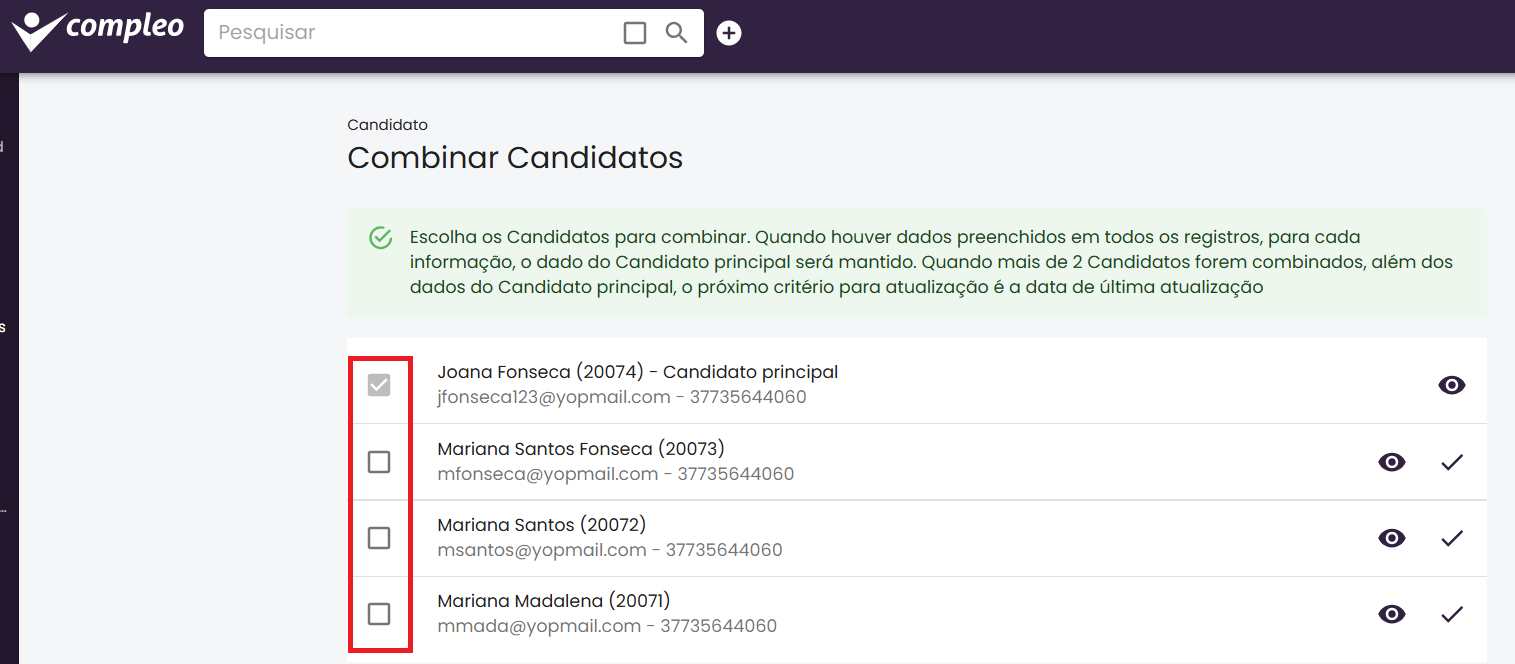 Tela inicial do módulo Combinar Candidatos