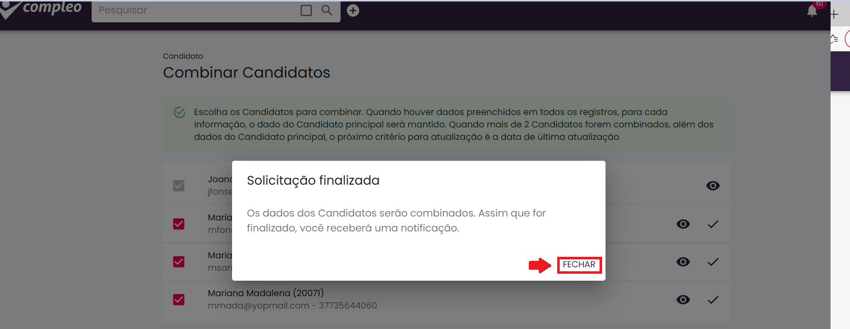 Botão Combinar Candidatos