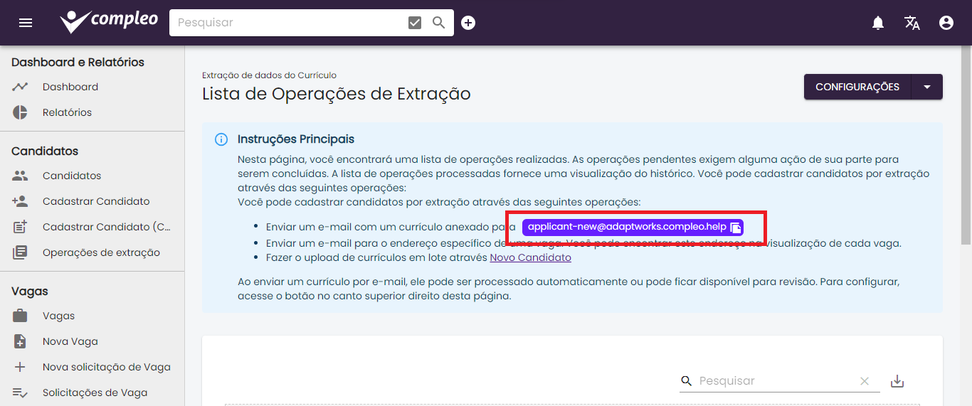 Botão Configurações