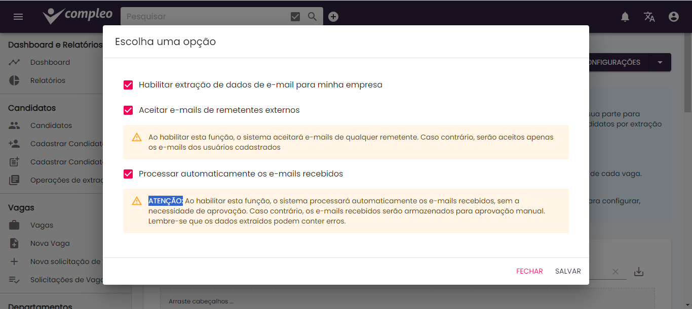 Aviso sobre processamento automático