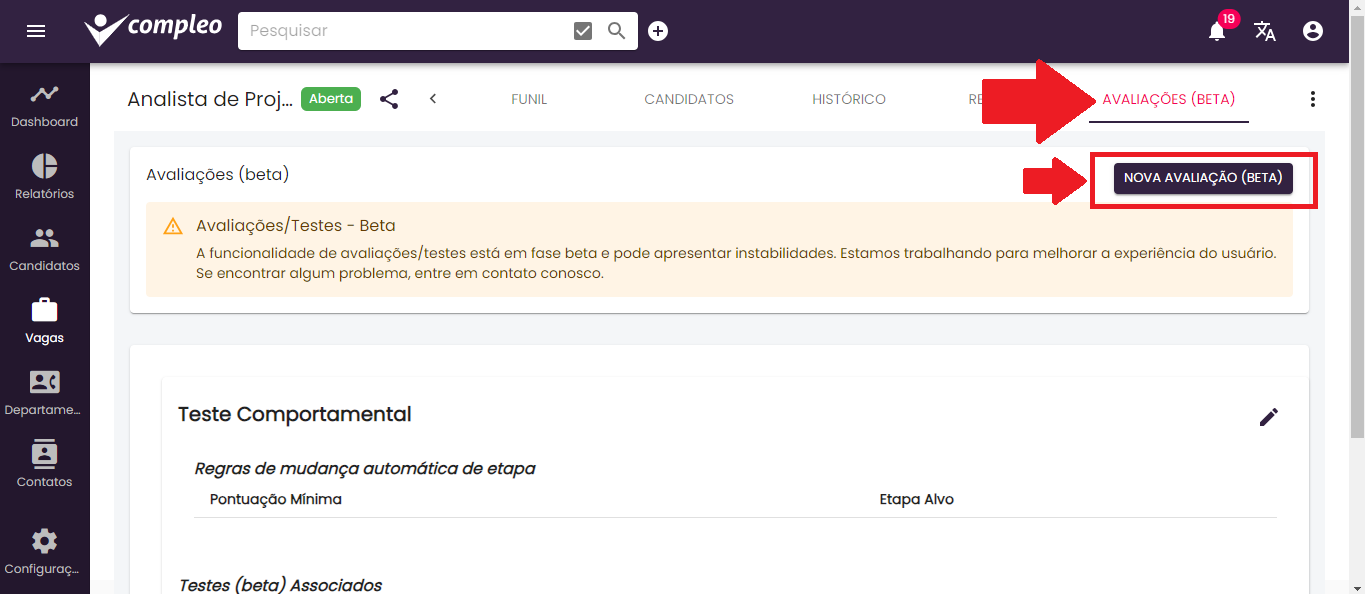 Aba Avaliações (beta) e criação de avaliação