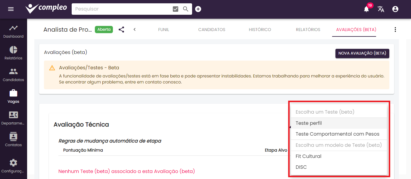 Tipos/modelos de teste (beta)